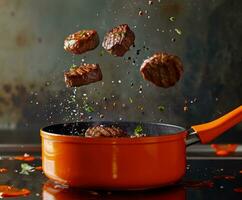 ai gegenereerd steaks zijn vliegend in een oranje frituren pot foto