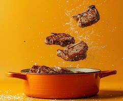 ai gegenereerd steaks zijn vliegend in een oranje frituren pot foto