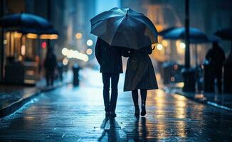 ai gegenereerd twee mensen wandelen naar beneden de straat Holding paraplu's foto