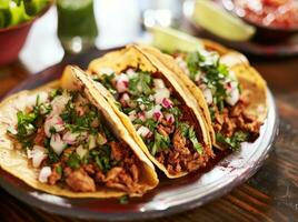 ai gegenereerd drie taco's zijn geserveerd Aan een wit tafel foto