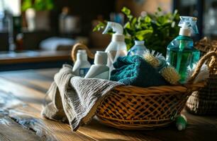 ai gegenereerd een mand van schoonmaak benodigdheden Aan top van een houten tafel foto