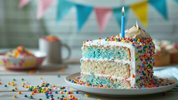 ai gegenereerd een feestelijk verjaardag taart met hagelslag foto