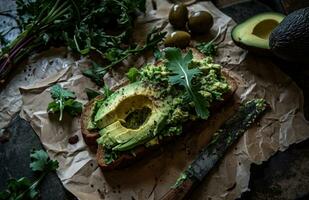 ai gegenereerd een groen brood met avocado en sla met een olijf- mes foto