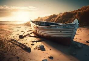 ai gegenereerd zonsondergang over- de zee, visvangst boot Aan de strand foto