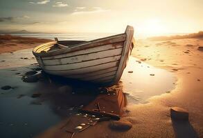 ai gegenereerd zonsondergang over- de zee, visvangst boot Aan de strand foto