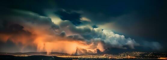 ai gegenereerd onweerswolken Aan een episch dramatisch stormachtig lucht met bliksem knippert over- de stad foto