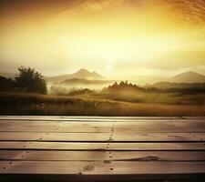 ai gegenereerd leeg wijnoogst tafel voor Product Scherm montage met gouden zonsopkomst over- nevelig heuvels foto