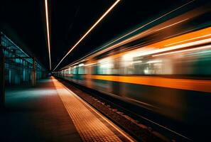 ai gegenereerd een mooi lang blootstelling van een trein voorbijgaan door Bij de ondergronds station foto