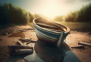 ai gegenereerd zonsondergang over- de zee, visvangst boot Aan de strand foto