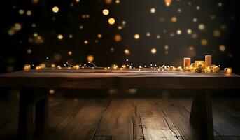 ai gegenereerd hout tafel top van wazig abstract goud bokeh achtergrond met Kerstmis lichten. foto