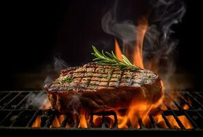 ai gegenereerd barbecue droog oud wagyu portier rundvlees steak gegrild net zo detailopname Aan een houtskool rooster met brand en rook foto