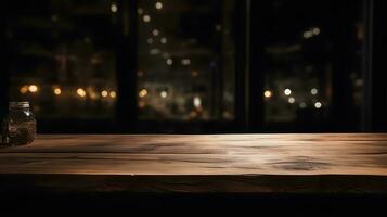 ai gegenereerd leeg donker houten tafel in voorkant van abstract wazig bokeh achtergrond van restaurant . kan worden gebruikt voor Scherm of montage uw producten.mock omhoog voor ruimte foto