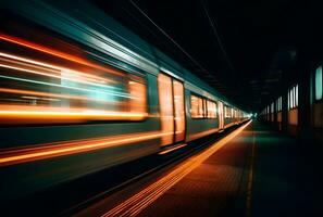 ai gegenereerd een mooi lang blootstelling van een trein voorbijgaan door Bij de ondergronds station foto