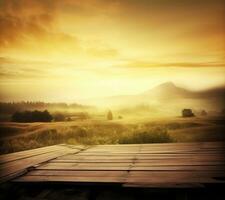 ai gegenereerd leeg wijnoogst tafel voor Product Scherm montage met gouden zonsopkomst over- nevelig heuvels foto