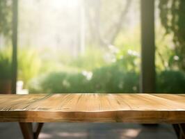 ai gegenereerd wijnoogst houten bord tafel in voorkant van dromerig en abstract park landschap foto