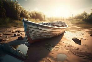 ai gegenereerd zonsondergang over- de zee, visvangst boot Aan de strand foto