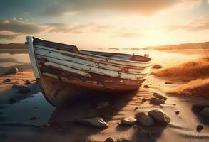 ai gegenereerd zonsondergang over- de zee, visvangst boot Aan de strand foto