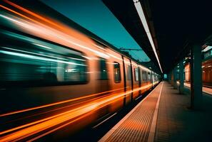 ai gegenereerd een mooi lang blootstelling van een trein voorbijgaan door Bij de ondergronds station foto