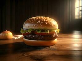 ai gegenereerd hamburger met salade, kaas en spek Aan donker achtergrond foto