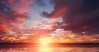 ai gegenereerd mooi zonsondergang over- zee met reflectie in water, kleurrijk wolken in de lucht foto