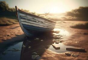 ai gegenereerd zonsondergang over- de zee, visvangst boot Aan de strand foto