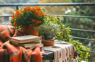 ai gegenereerd twee boeken, een deken, twee planten en bloemen Aan een tafel Aan een balkon foto