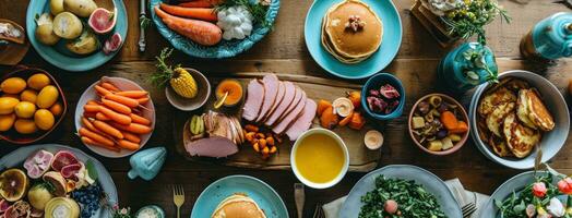 ai gegenereerd een tafel van Pasen voedsel, inclusief ham, pannekoeken foto