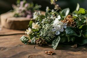 ai gegenereerd een tafel met bloemen en een Pasen krans foto