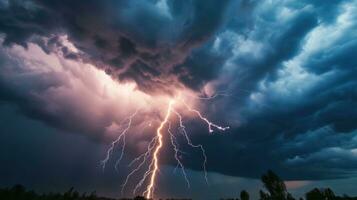 ai gegenereerd bliksem stakingen tegen de donker bewolkt lucht foto