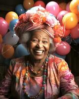 ai gegenereerd gelukkig Afrikaanse Amerikaans grootmoeder met bloemen Aan haar hoofd en kralen Aan haar nek in een roze trui met kleurrijk ballonnen in de achtergrond, zacht focus en detailopname foto