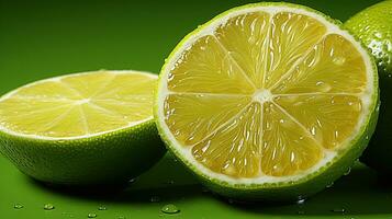 ai gegenereerd limoen citrus vruchten. dichtbij omhoog schot van nat limoenen. gemaakt met generatief ai foto