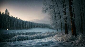 ai gegenereerd vastleggen de schoonheid van een winter Woud onder een starlit lucht net zo delicaat sneeuwvlokken voorzichtig val. de combinatie van sterrenlicht en vallend sneeuw creëert een droomachtige en buitenaards instelling. foto