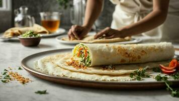 ai gegenereerd zuiden Indisch voedsel een dosa wezen vakkundig gerold uit Aan een vlekkeloos wit oppervlakte foto