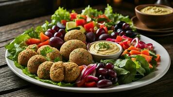 ai gegenereerd een minimalistisch nog elegant vegetarisch bord tegen de backdrop van een donker houten tafel in een hedendaags restaurant foto