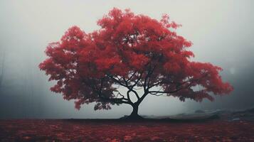 ai gegenereerd nevelig landschap met rood esdoorn- boom. generatief ai foto