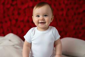 ai gegenereerd portret van een schattig weinig baby jongen vervelend een wit t-shirt Aan een rood achtergrond. foto