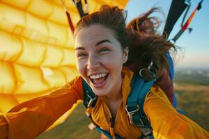 ai gegenereerd jong vrouw Parachutespringen met een parachute in de lucht. extreem sport. foto