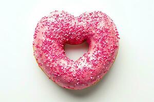 ai gegenereerd roze donut in de vorm van een hart geïsoleerd Aan een wit achtergrond. foto