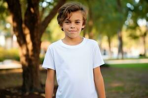 ai gegenereerd schattig jongen in wit t-shirt in de park Aan een zomer dag. foto