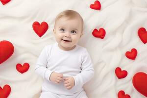 ai gegenereerd schattig weinig baby in wit bodysuit Aan een deken met rood harten. foto