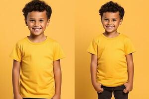 ai gegenereerd weinig jongen in geel t-shirt. kinderen t-shirt model. foto