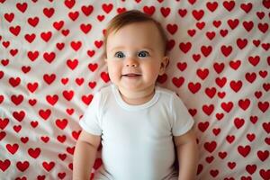 ai gegenereerd schattig weinig baby in wit bodysuit Aan een deken met rood harten. baby bodysuit model. foto