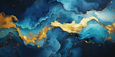 ai gegenereerd abstract blauw marmeren structuur met goud spatten, blauw luxe achtergrond. foto