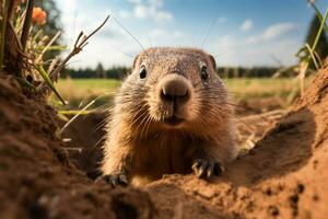 ai gegenereerd schattig groundhog schuilplaats in de grond foto