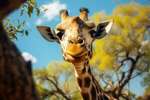 ai gegenereerd nieuwsgierig giraffe met een levendig blauw lucht backdrop foto