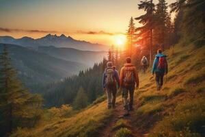 ai gegenereerd zonsondergang ontdekkingsreizigers, jong avontuurlijk bergbeklimmers in de betoverd Woud foto