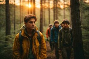 ai gegenereerd in de wildernis, verkennen de Woud Bij zonsondergang met jong bergbeklimmers foto