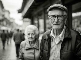 ai gegenereerd ouderen paar sharing een moment Aan een bezig stad straat foto