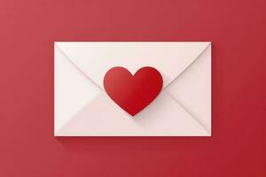 ai gegenereerd papier envelop met blanco wit Notitie mockup binnen en valentijnsdag harten Aan rood achtergrond. vlak leggen, top visie. foto