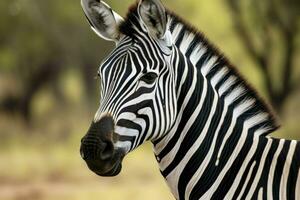 ai gegenereerd portret van een jong zebra staand tegen een groen struik foto